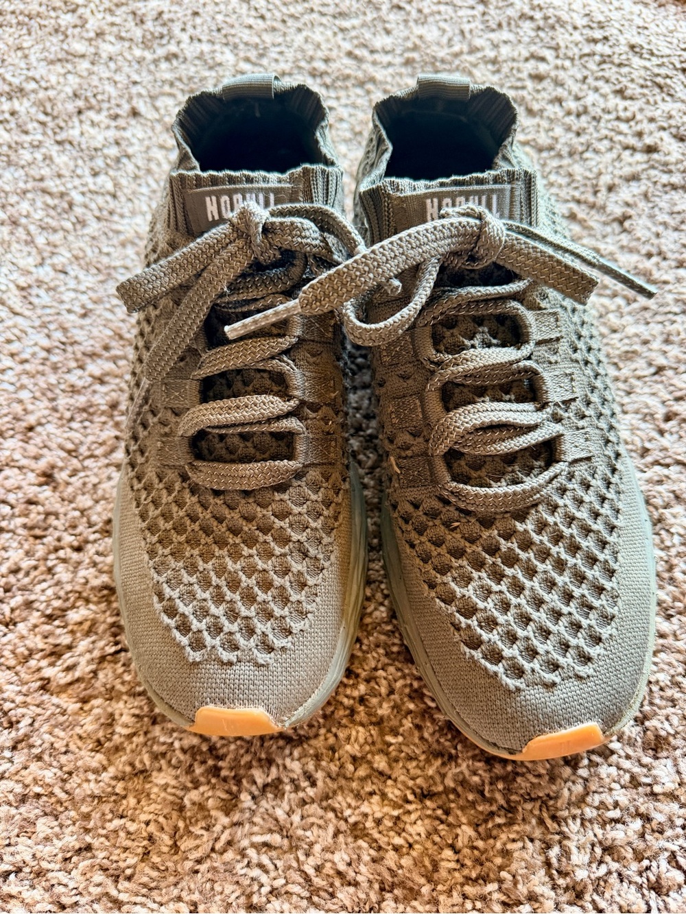 NOBULL Olive Green Knit Athletic Sneakers with Reflective Laces